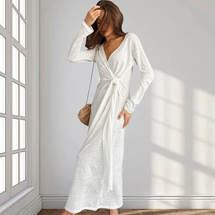Herbstliche Gemütlichkeit Locker gestricktes Nachthemd Atmungsaktiv Lange Ärmel Schnürung Weiche Oberbekleidung Homewear