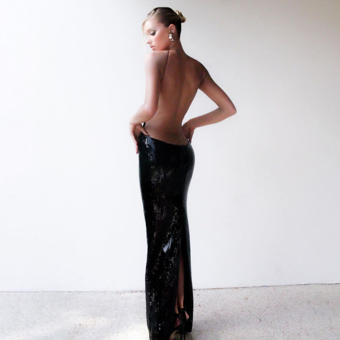 Robe longue d'été sexy pour femme, dos nu, à paillettes, ajourée, style boîte de nuit