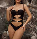 Damen One Piece Bikini Badeanzug Unifarben Hohl Cutout Träger Einteiler Badeanzug