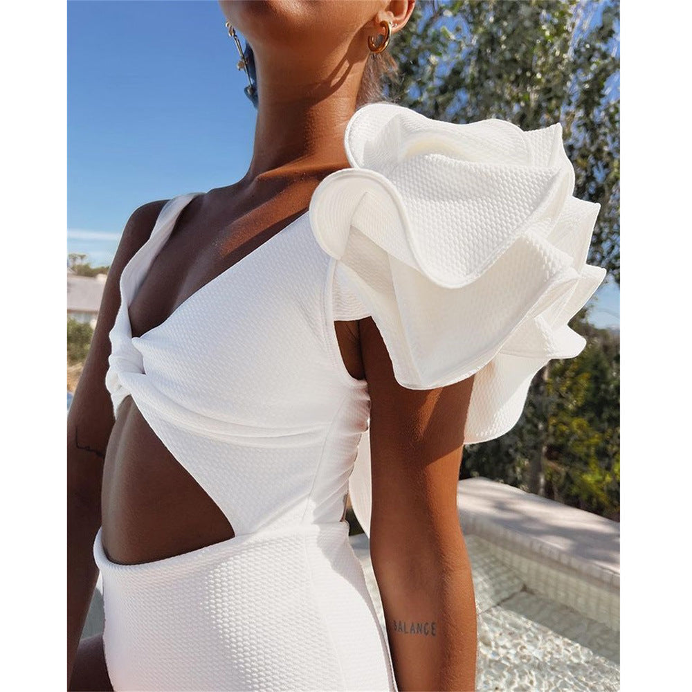 Sporlike einfarbig, hohl ausgeschnitten, Badeanzug für Damen, neu, hohe Taille, rückenfrei, mit Rüschen