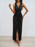 Robe Fourreau Élégante et Moulante Sans Manches Col en V Couleur Unie pour Femme