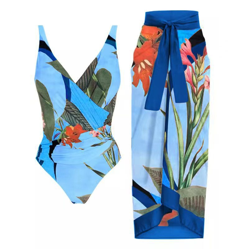 Zweiteiliger Bikini-Set, bauchbedeckend, bedrucktes, rückenfreies Scheidenkleid, Badeanzug