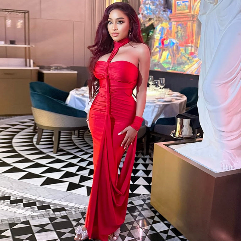 Robe de cocktail élégante et unie pour femme, dos nu, laçage, bustier, hanches plissées, épaules dénudées