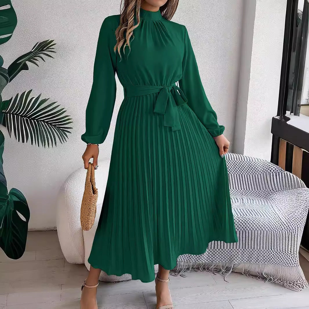 Herbst Winter Elegantes Stehkragen Langarm Raffiniert Gerafftes Maxikleid Kleines Kleid Damenbekleidung
