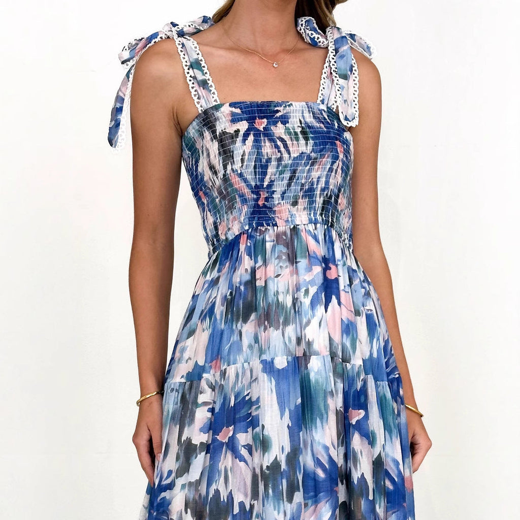 Robe longue imprimée florale à bretelles, taille smockée élastique, bretelles nouées et large jupe évasée Printemps-Été