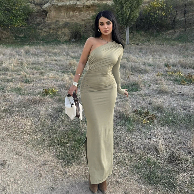 Herbst Elegantes Sexy Schlankes Schultergefaltetes Einschichtiges Ärmelkleid für Damen
