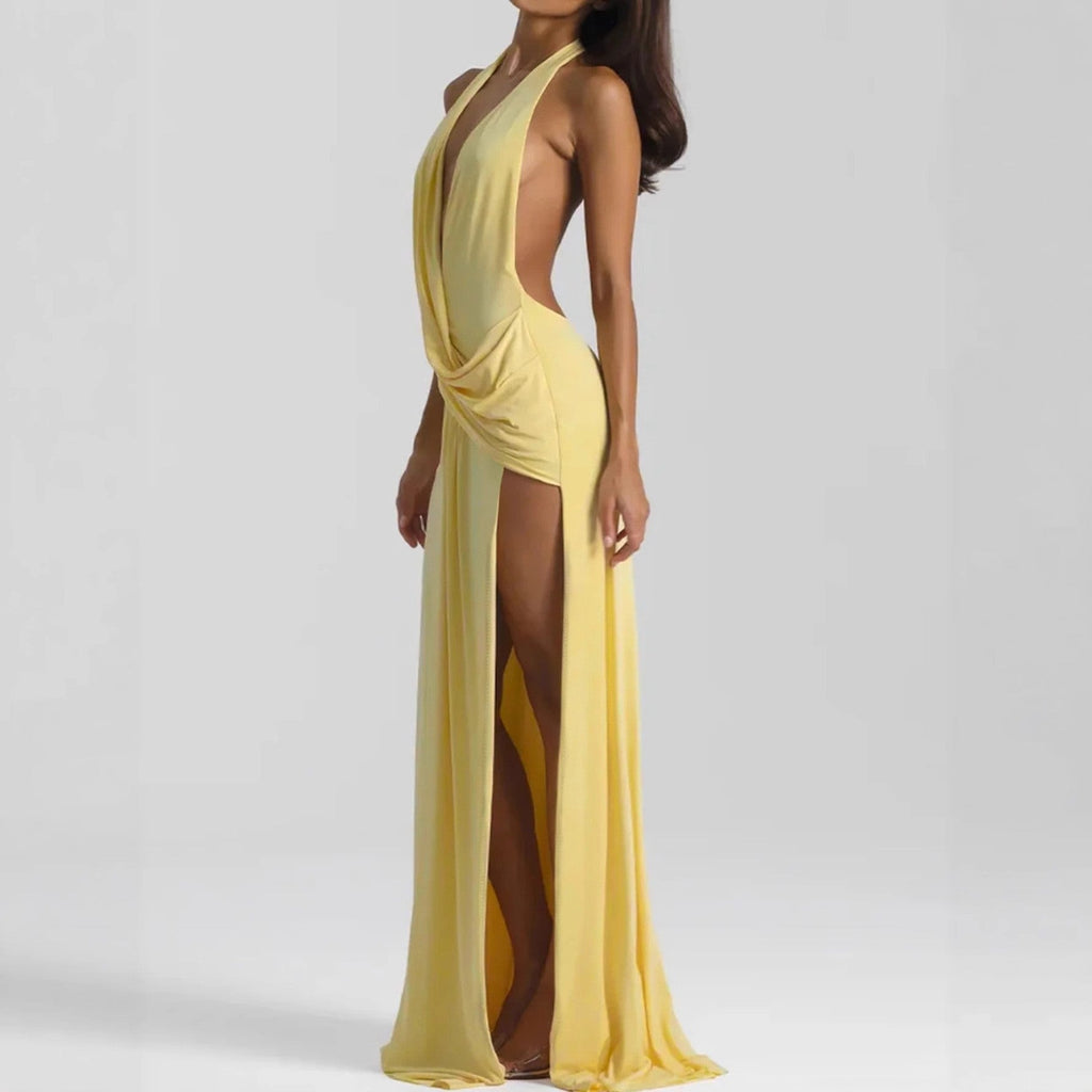 Robe longue sexy pour femme avec décolleté en V plongeant, dos nu et lacets, et volants