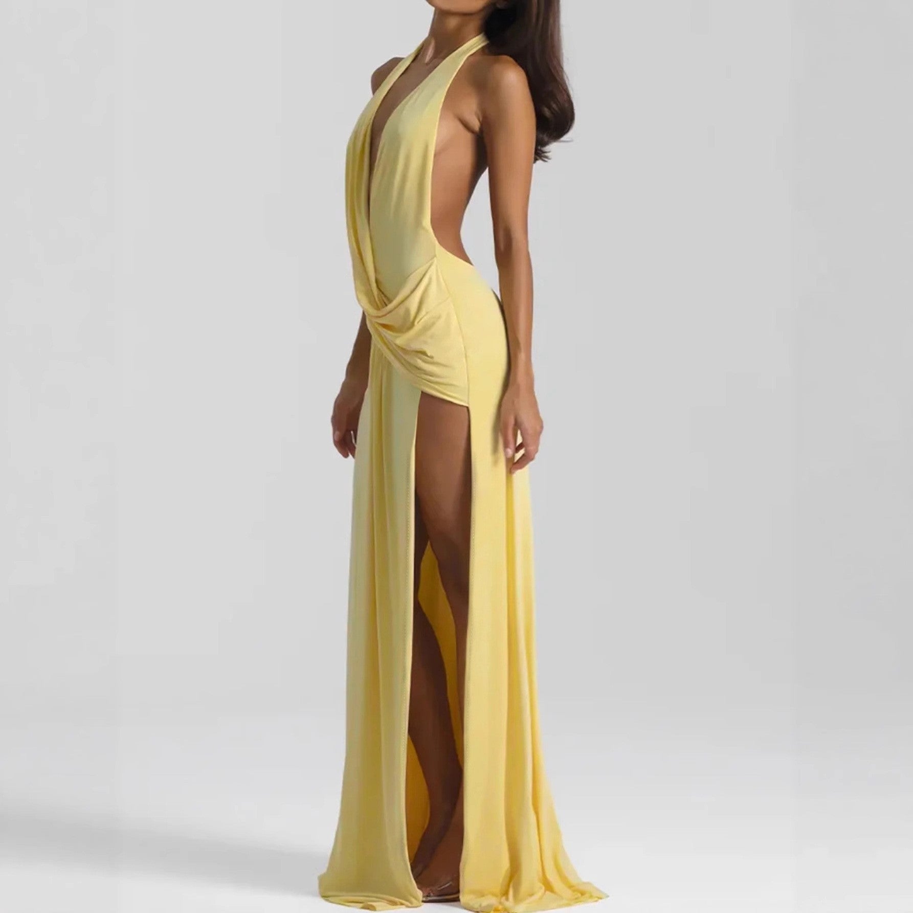 Robe longue sexy pour femme avec décolleté en V plongeant, dos nu et lacets, et volants