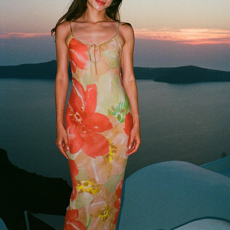 Sexy Straps Hohl-Ausgeschnittenes Bedrucktes Rückenfreies Kleid Damen Urlaub Sexi Kleid