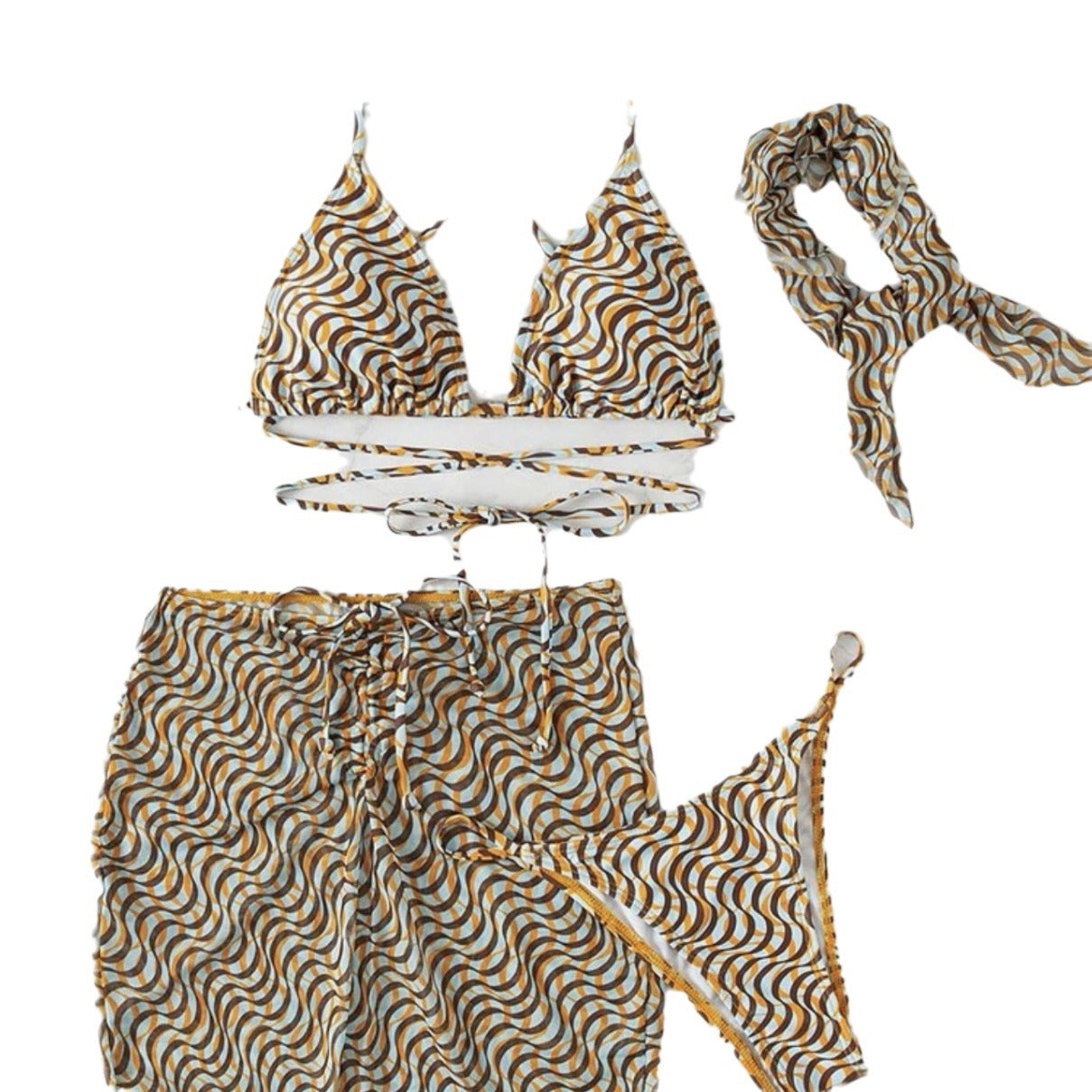 Bikini mit sexy Neckholder-Oberteil und Schnürung, 3-teiliges Set