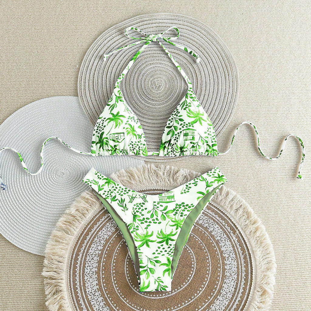 Split Bikini Sexy Damen Fission Bikini Tropische Blätter bedruckter Badeanzug