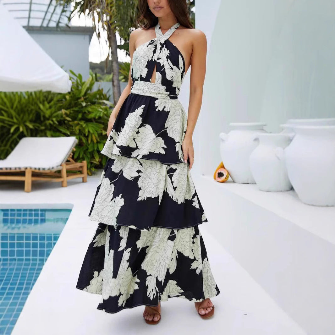 Frühling Sommer Damen Kleidung Sexy Print Stufenkleid Schnürung Maxikleid