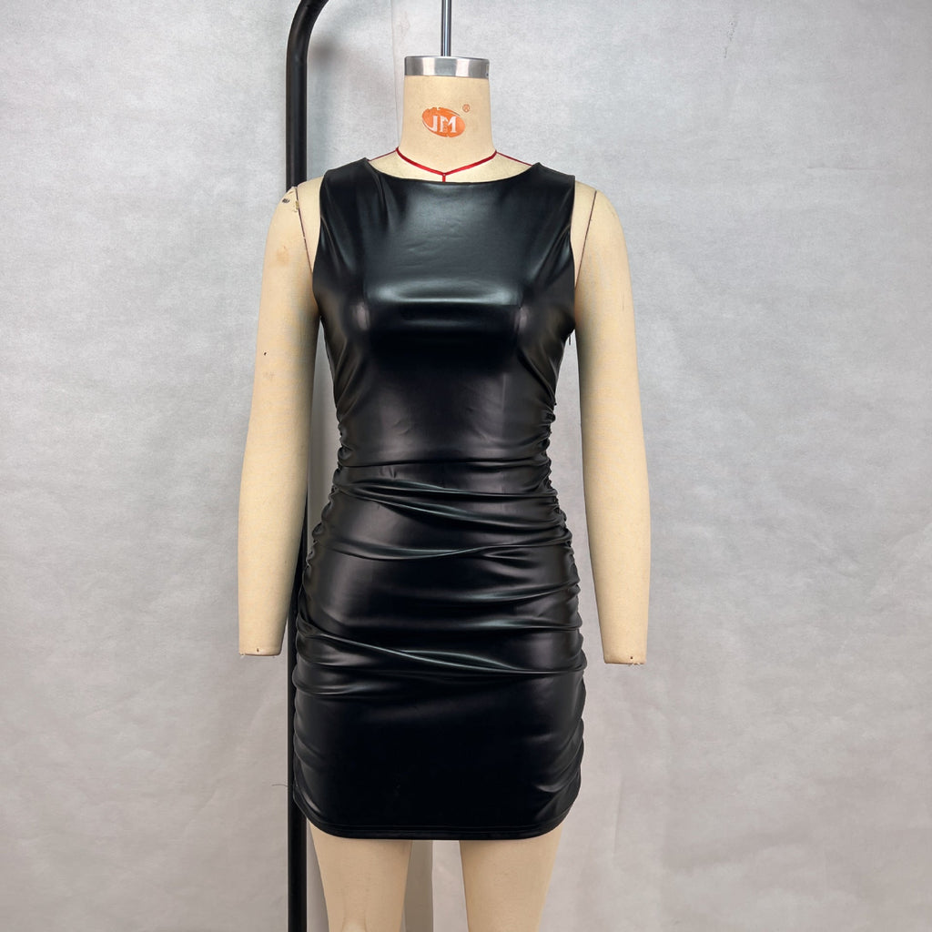 Robe Fourreau Slim Femme Vêtements Couleur Unie Sans Manches Taille Plissée Moulante Minceur Cuir Boîte de Nuit