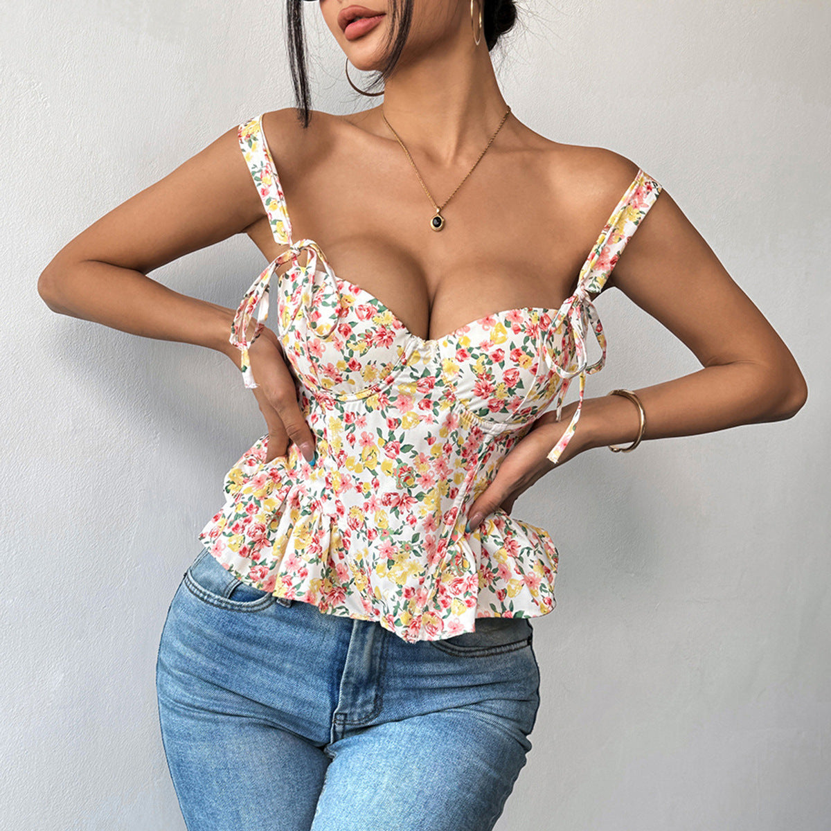 Corset camisole à lacets en coton avec bonnets, ajustement au buste, volants et garnitures de taille, motif floral printemps-été