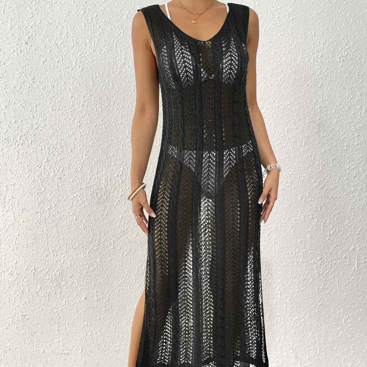 Damen Urlaub Strandrock Damenbekleidung Hohl geschnittenes gewebtes Hemd Weste Rock Langer Rock Sexy Schlitzkleid