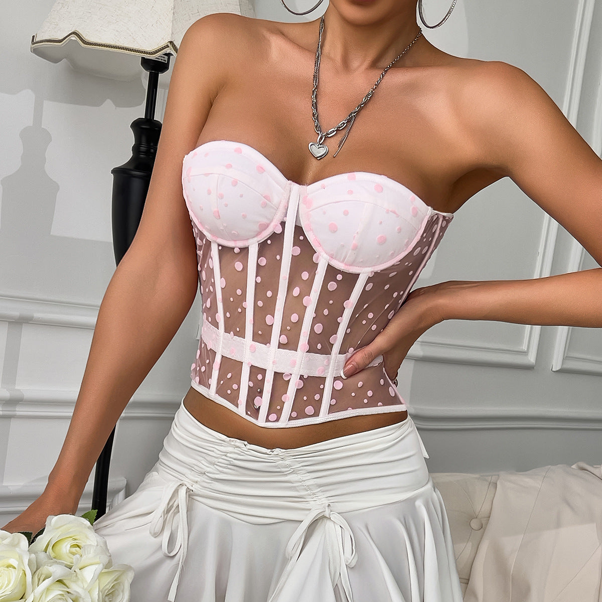 Vêtements sexy pour femmes printemps été rose à pois sexy baleine corset taille gainante enveloppé poitrine gilet