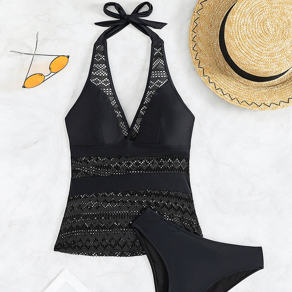 Tankini Damen, Spitzen Stickerei, Einfarbig, Sexy Bikini, Zweiteiliger Badeanzug