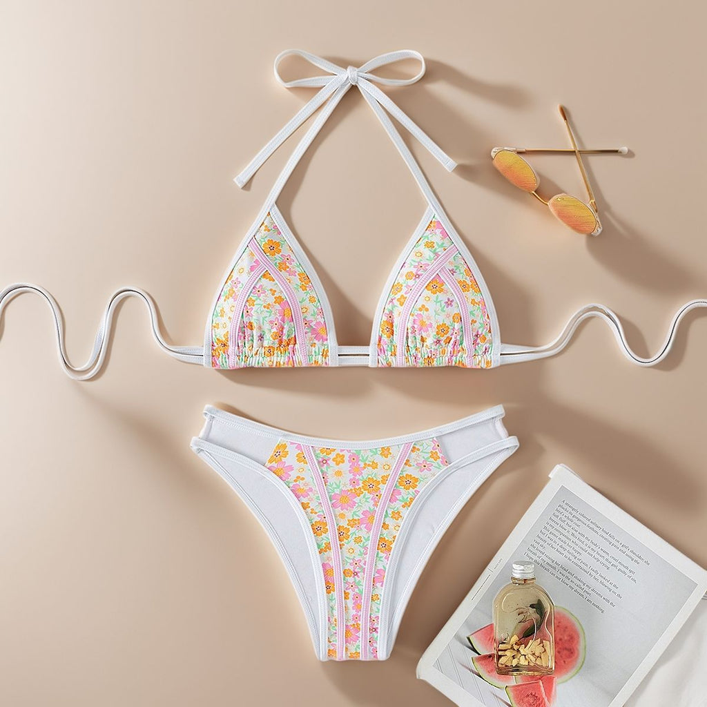 Bikini Dreieck Spitze Kleiner Blumendruck Sexy Split Bikini Schwimmanzug Zweiteilige Sets Damen