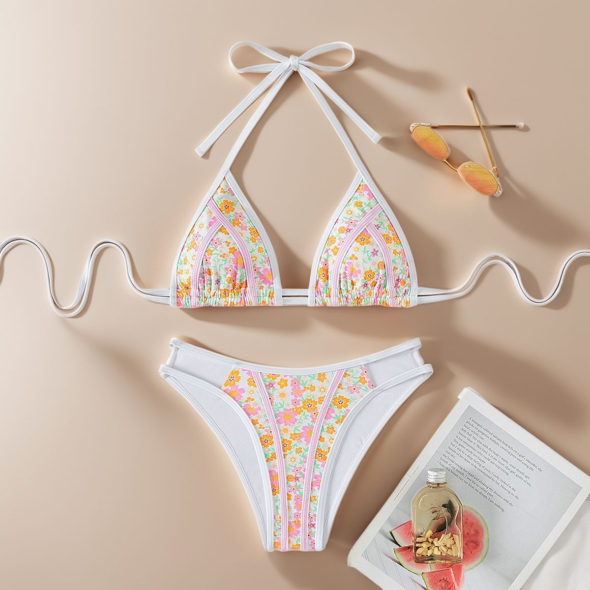 Bikini Dreieck Spitze Kleiner Blumendruck Sexy Split Bikini Schwimmanzug Zweiteilige Sets Damen