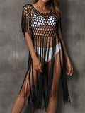 Paréo de plage pour femme, vêtements sexy ajourés, avec pompons, maillot de bain cousu à la main au crochet