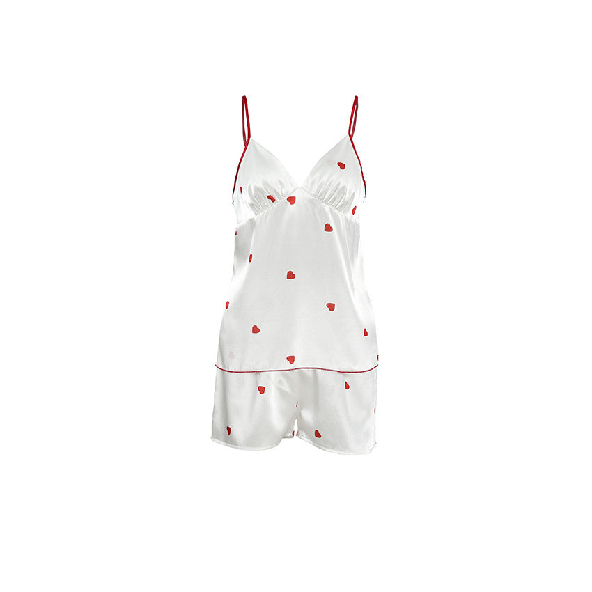 Frühlings-Homewear Herz-Druck Trägershorts Sexy Zweiteiliges Set Satin Damen Pyjamas