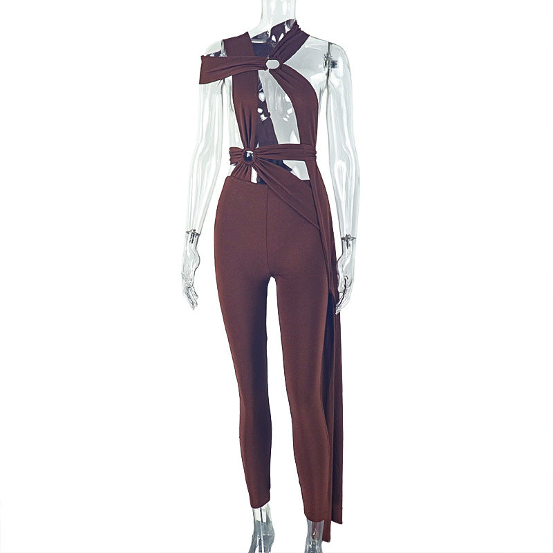 Combinaison longue moulante sexy en dentelle, découpée et ornée d'anneaux métalliques, couleur unie, pour femme, style streetwear