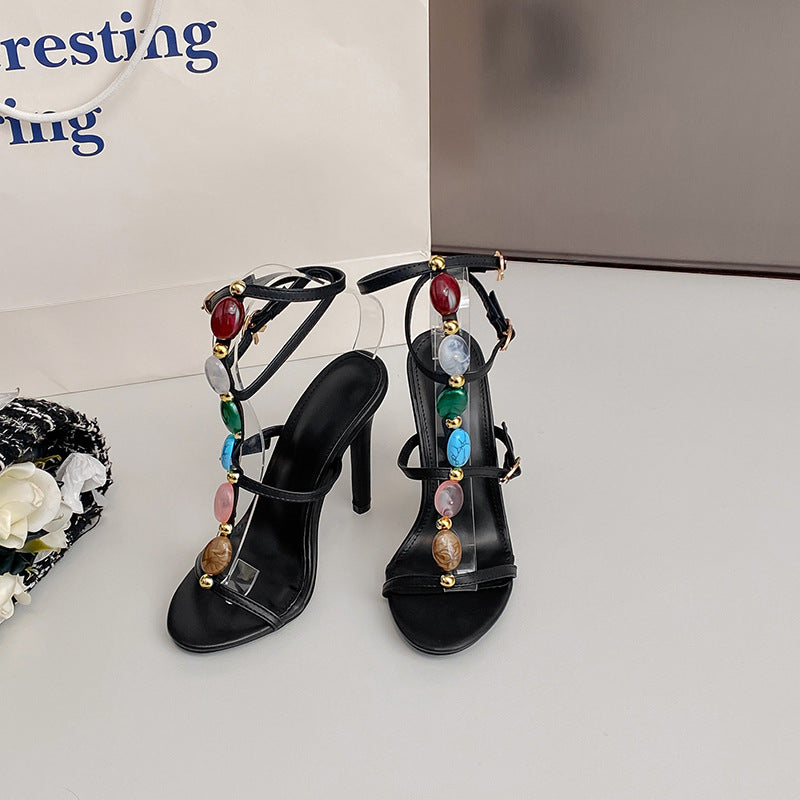 Sommer 11cm Stiletto-Absätze Perlen Offene Zehen Knöchelriemen Schnalle Sandalen Damen Sexy