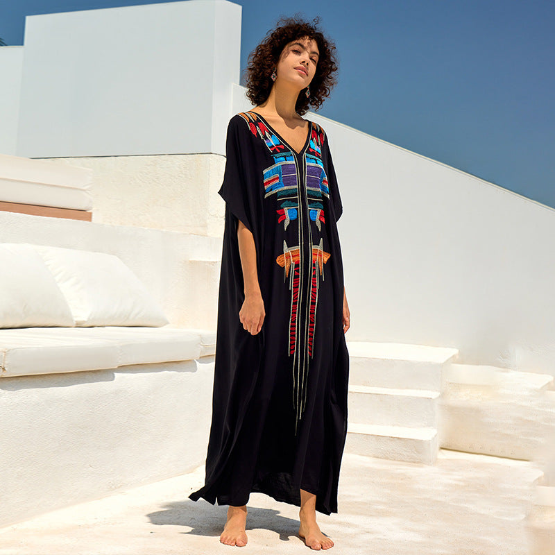 Besticktes, locker geschnittenes Maxikleid aus Rayon, Strandjacke, Urlaubsmantel, Strand-Cover-Up