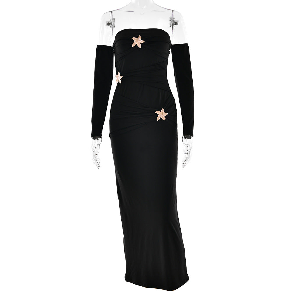 Plissiertes Langarm Damenkleid Modisch Sexy Etui Enges Kleid