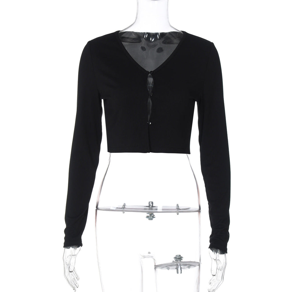 Damenbekleidung Sommer Sexy Cardigan Button Cropped Langarm T-Shirt Top