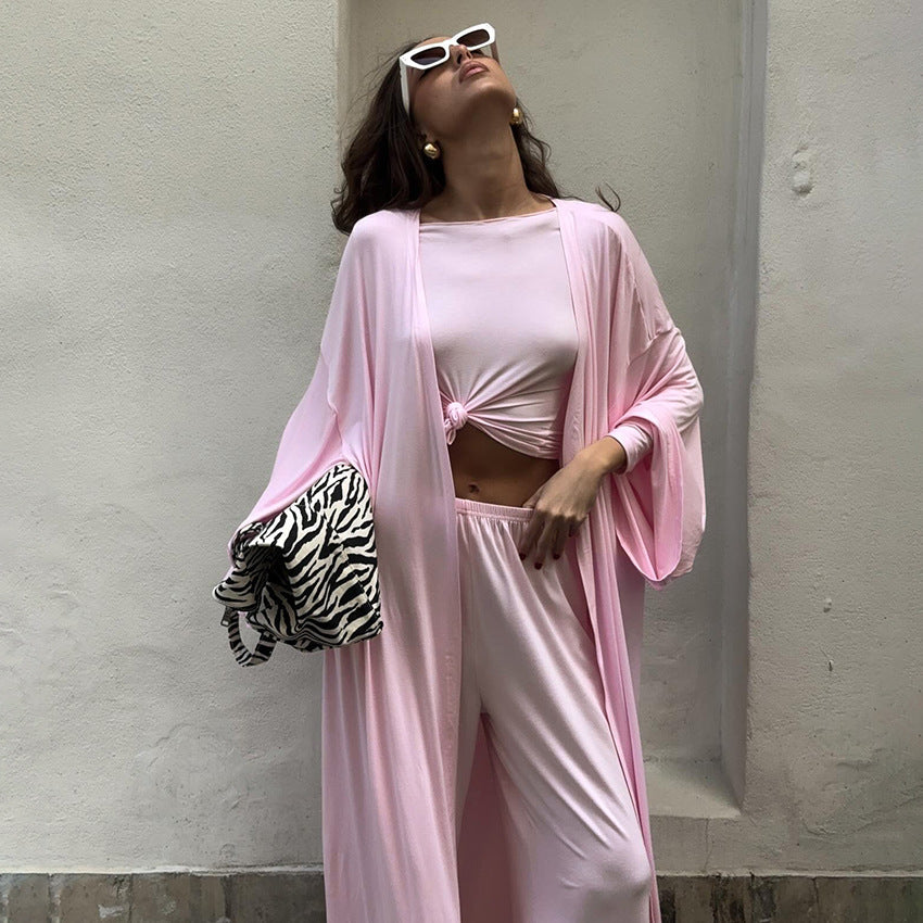 Sommer-Pyjama, dreiteilig, Strick, einfarbiges Oberteil, Hose, locker, bequem, Homewear