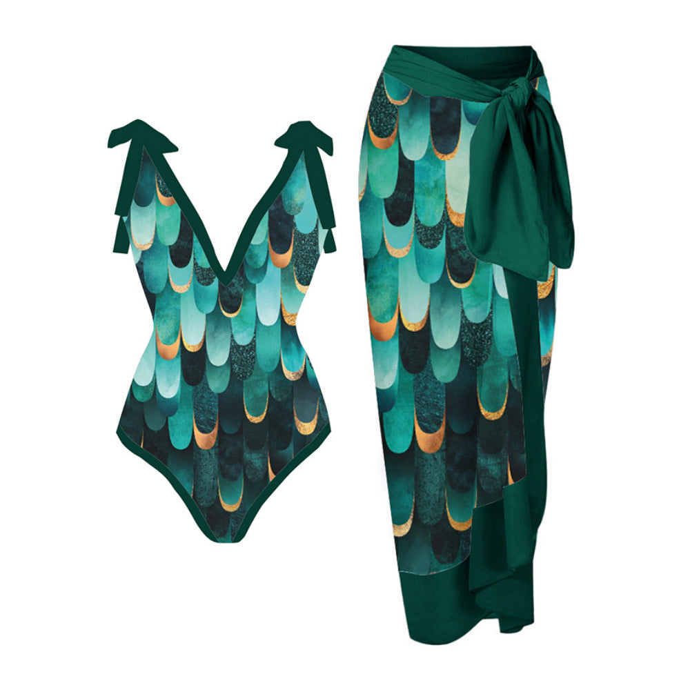 Maillot de bain deux pièces pour femme avec jupe en gaze imprimée multicolore, anti-transparence, protection solaire