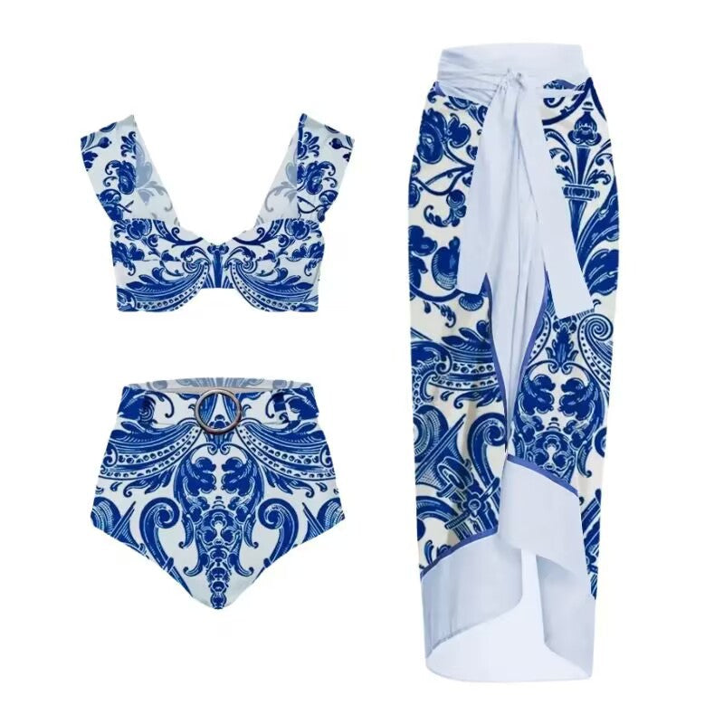 Lonkey Damen Badeanzug Blau Weiß Porzellan Bedruckter dreiteiliger Split-Badeanzug für Damen