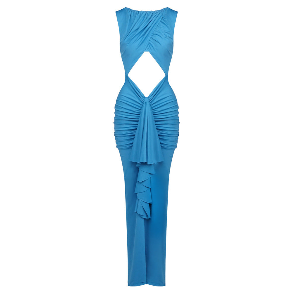 Elegantes Stiching Sexy Kleid Blau Hohl Ausschnitt Cutout Hohe Taille Slim Fit Kleid Damen
