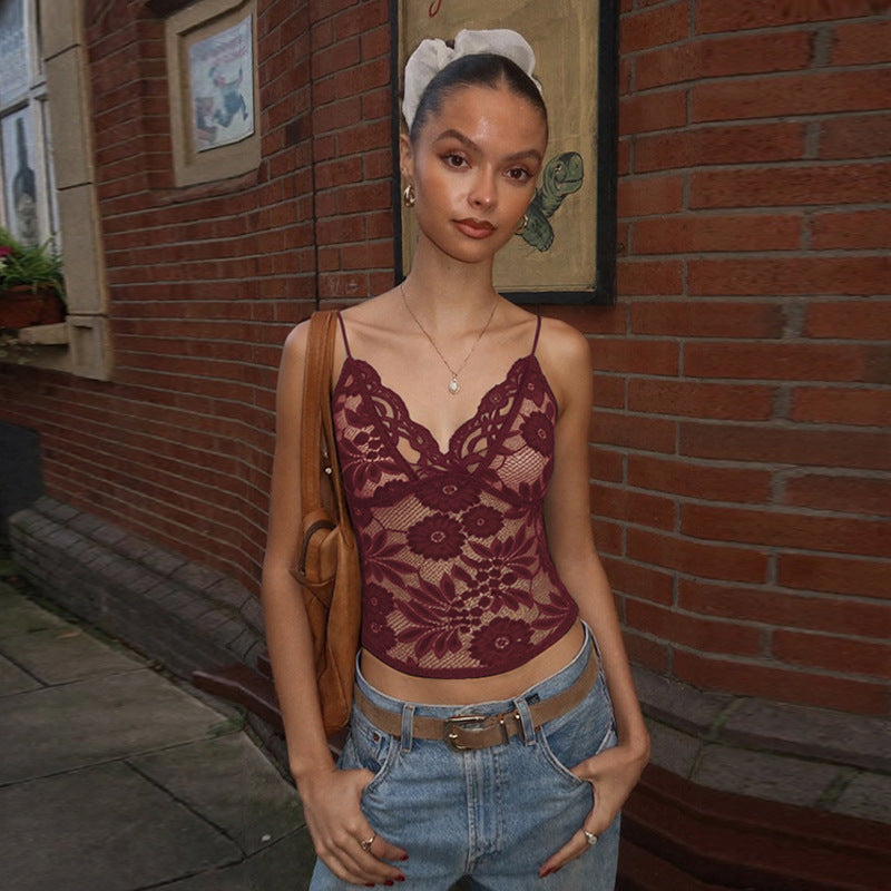 Vêtement Femme Sexy Transparent Dentelle Bretelles Fines Bandeau Coupe Cintrée Décolleté Plongeant Gilet