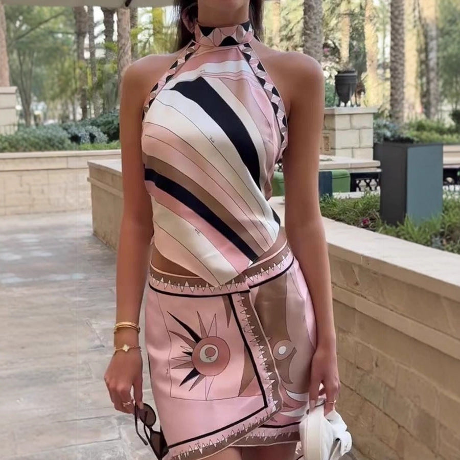 Strand-Print Neckholder-Top aus Satin, rückenfrei, unregelmäßiger asymmetrischer Rock, Zweiteiler