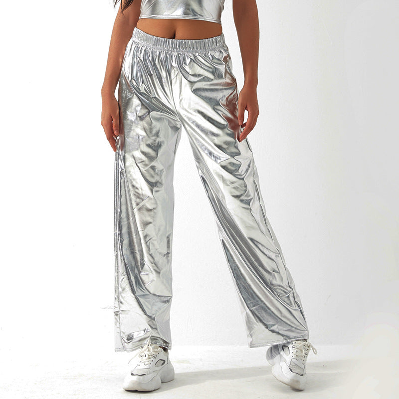 Metallisch beschichtete Stoff Freizeithose Damen High Street Design Aurora Laser Gradient Hohe Taille Gerade Hose All Matching Elastische Mop-Hose