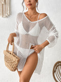 Robe de plage femme col en V, paréo évidé avec fentes latérales, robe de plage longue et fraîche à manches longues