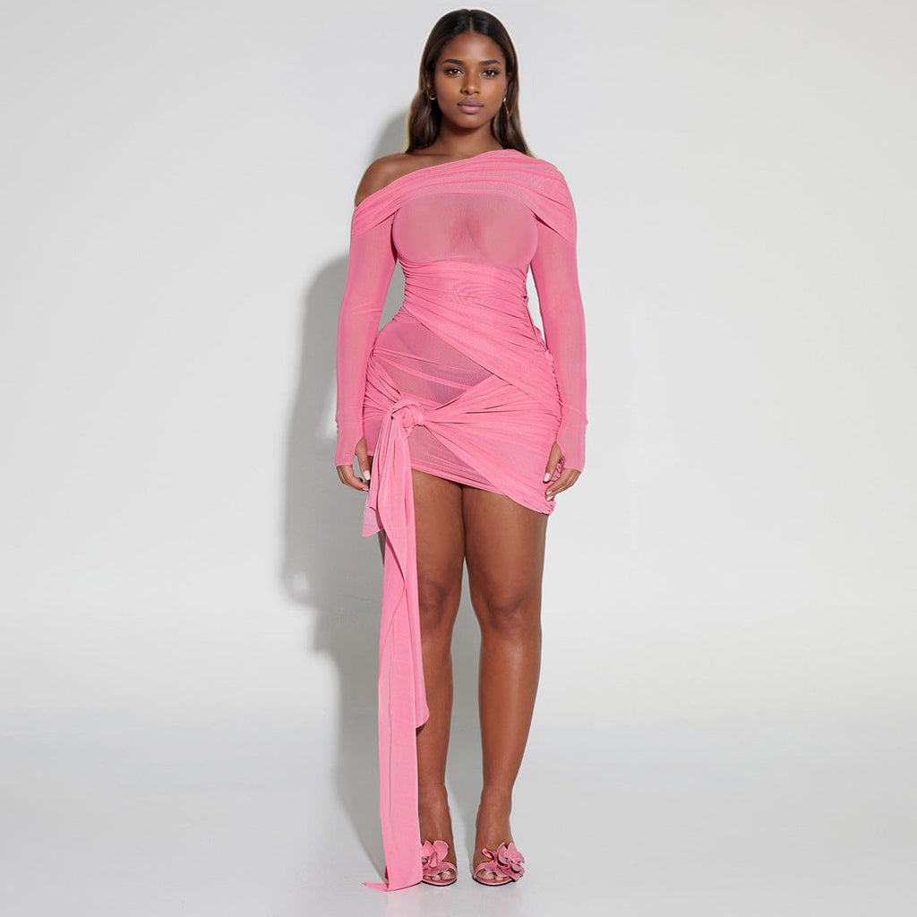Printemps-Été Robe plissée sexy pour femme, col dénudé, dopamine sexy