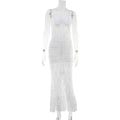Robe longue fendue maxi de soirée avec bretelles fines, couleur unie, dos nu, en dentelle sexy