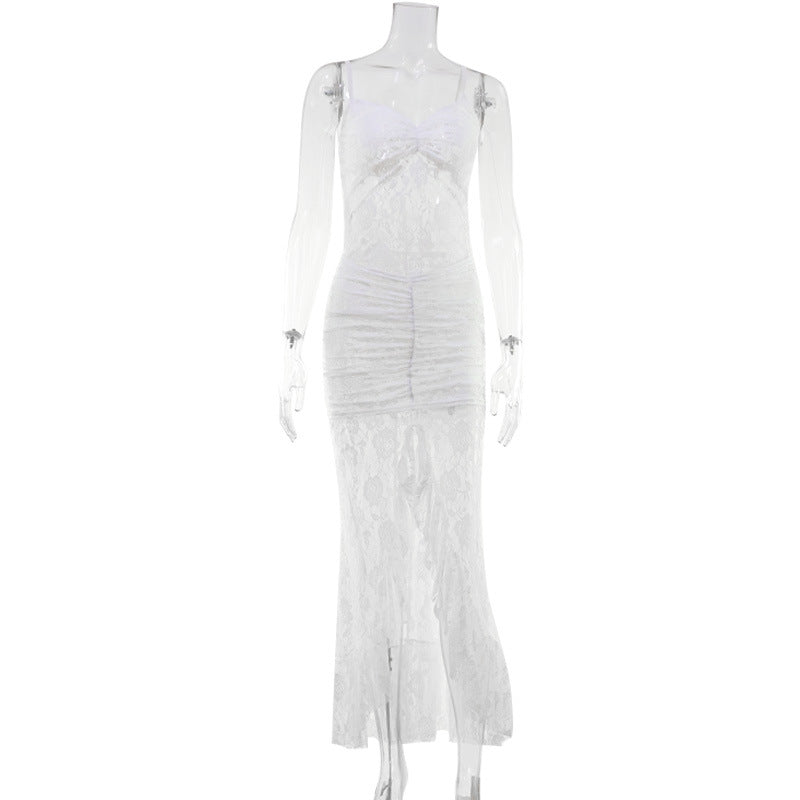 Robe longue fendue maxi de soirée avec bretelles fines, couleur unie, dos nu, en dentelle sexy