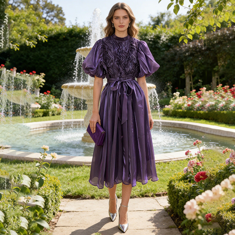 Elegantes Retro Maxi-Kleid Frühling Tailliert Schlankmachend Schnürung Laternenärmel Rundhals Hochzeitskleid