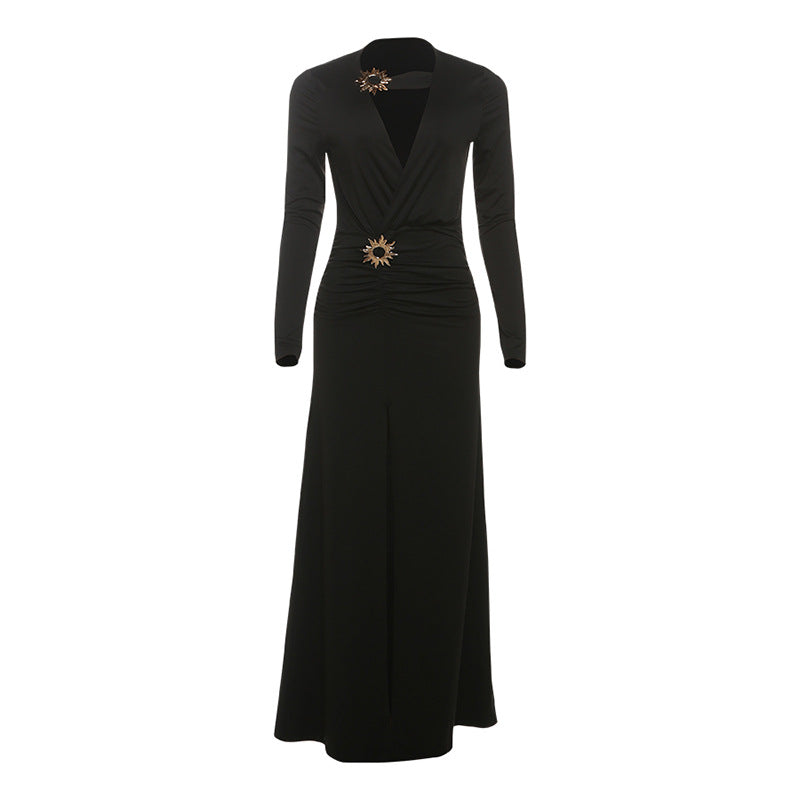 Damen Herbst Sexy Tiefer V-Ausschnitt Schlitzkleid Einfarbiges Kleid Für Damen