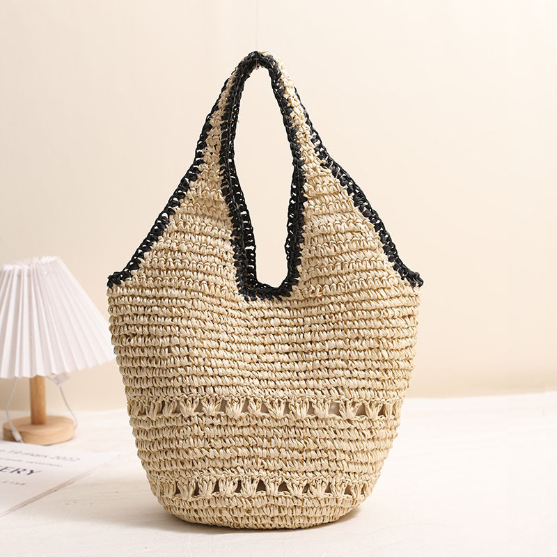 Große Strohtasche mit Schulterriemen, legere, ausgehöhlte, tragbare Strohtasche, gewebte Tasche, Damen-Strandtasche für den Urlaub