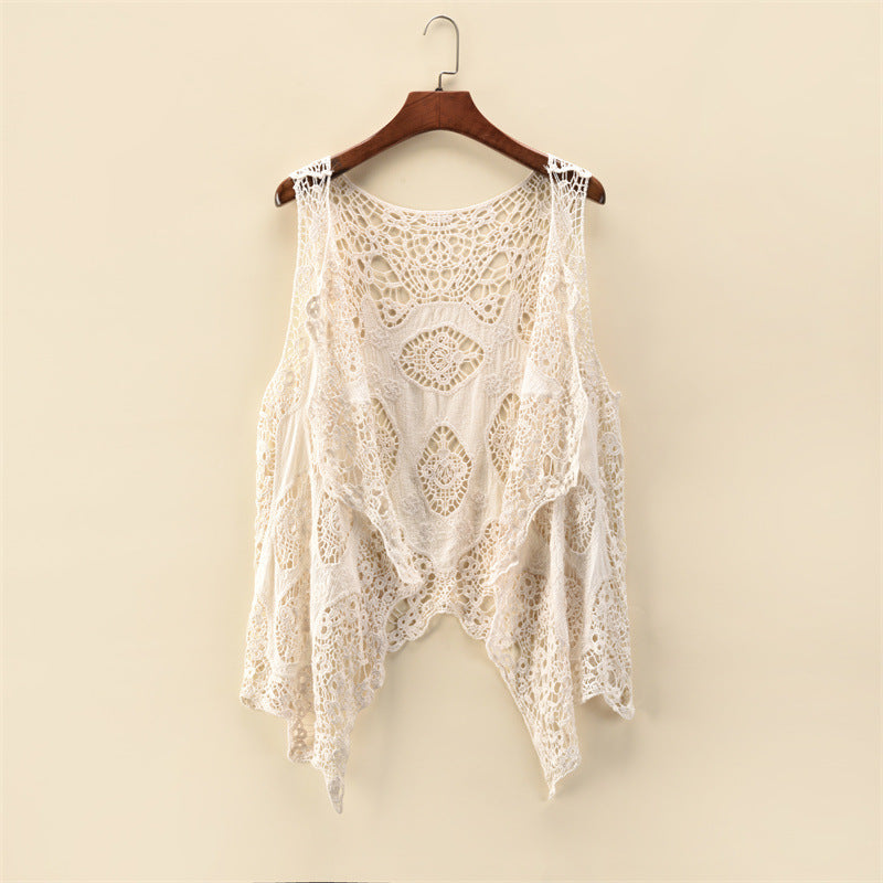 Damen-Sommermantel, dünner Mantel, ärmelloser Spitzen-Cardigan, vielseitiger Schal, Strandbekleidung, Sonnenschutz, Damen-Shirt mit Hohl- und Cutout-Design