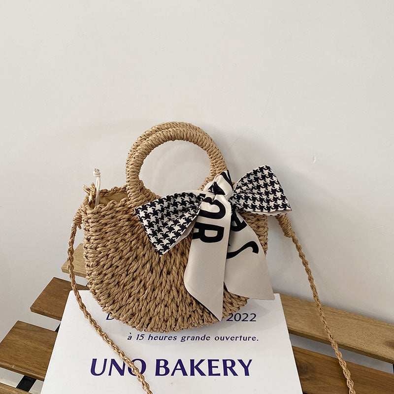Joli sac à bandoulière en paille avec écharpe à carreaux, sac en paille portable, sac tissé, sac de plage pour les vacances, sac pour femme Mori