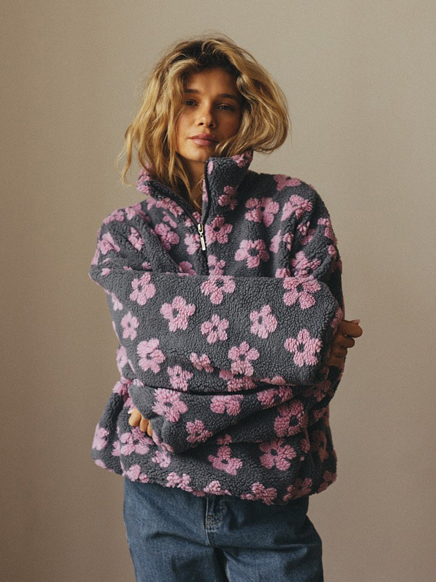 Damen Polarfleece Floral Herbst Winter Pullover Warmer Fell-Fleece Pullover