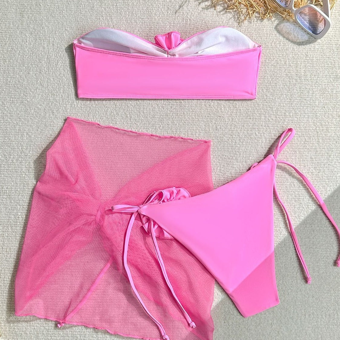 Bikini Sexy Dreiteiliger Set Badeanzug Damen Dreidimensionaler Großer Blumen-Bikini-Badeanzug