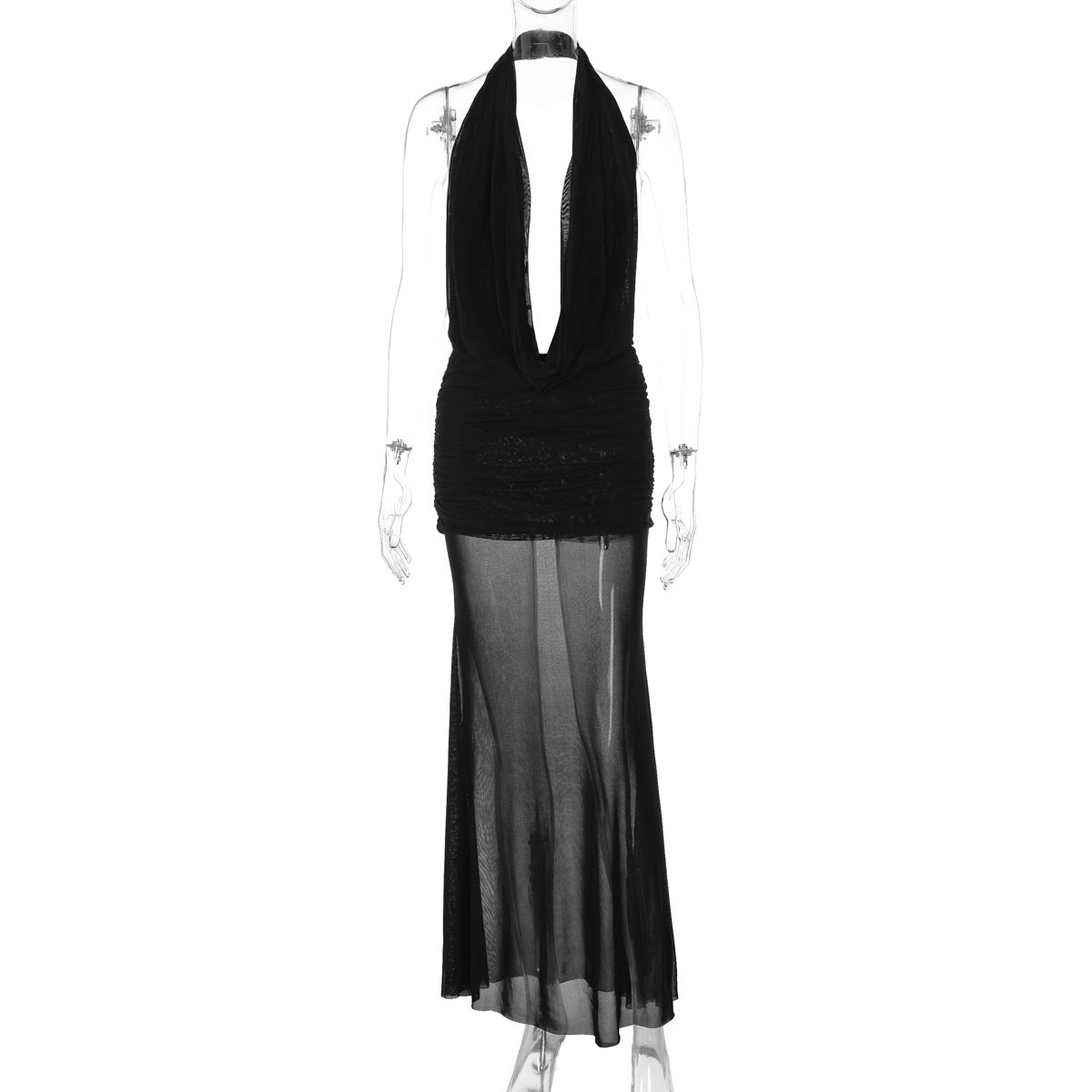 Ensemble deux pièces robe longue en résille ajourée dos nu licou décolleté plongeant