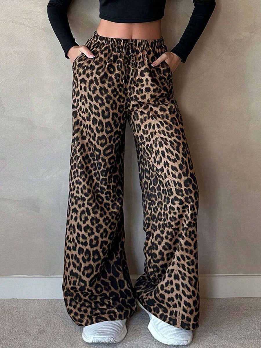 Pantalon décontracté en satin pour femme, taille haute, imprimé léopard, coupe droite ample, jambes larges, collection automne.